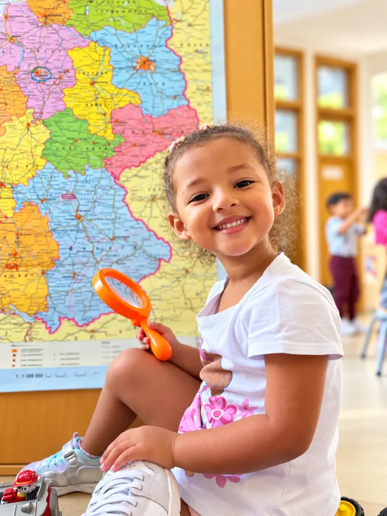 Estudiante del Colegio Alemán de Barranquilla sonríe mientras explora un mapa con una lupa durante una actividad de aprendizaje.